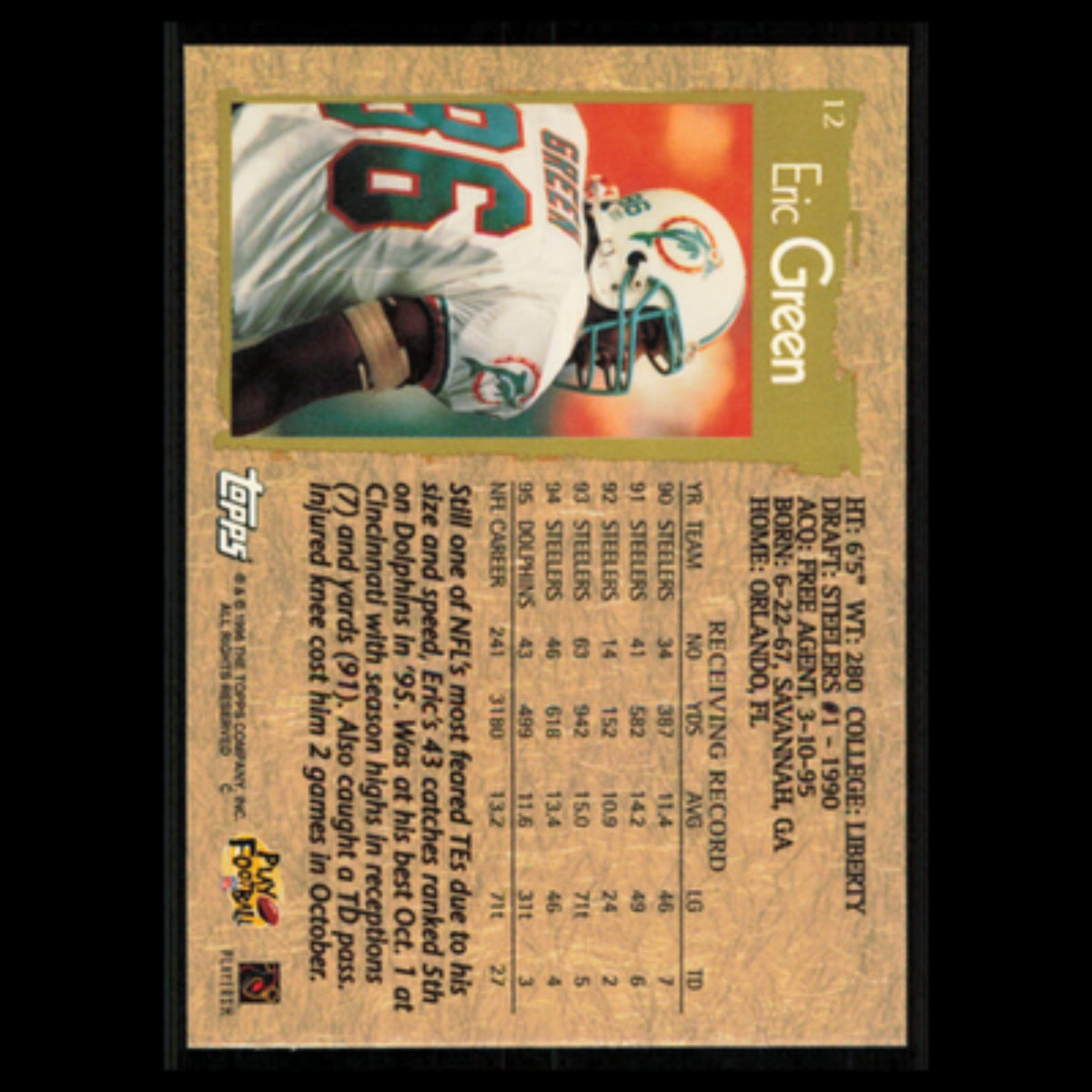 Eric Green #12 1996 Topps Miami Dolphins Football Card NFL NM