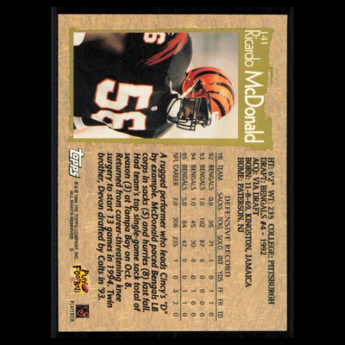 Ricardo McDonald #141 1996 Topps Cincinnati Bengals Football Card NFL NM