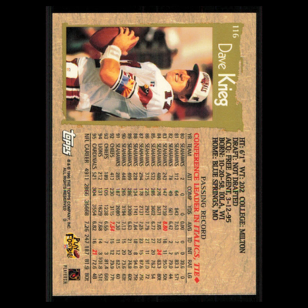 Dave Krieg #116 1996 Topps Arizona Cardinals Football Card NFL NM