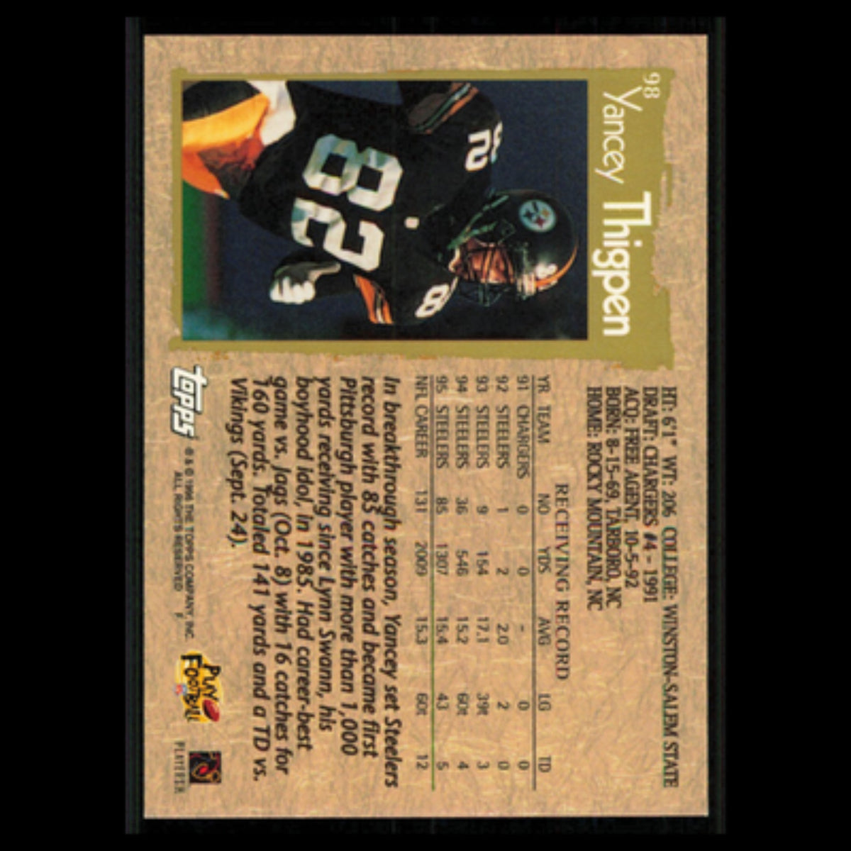 Yancey Thigpen #98 1996 Topps Pittsburgh Steelers Football Card NFL NM