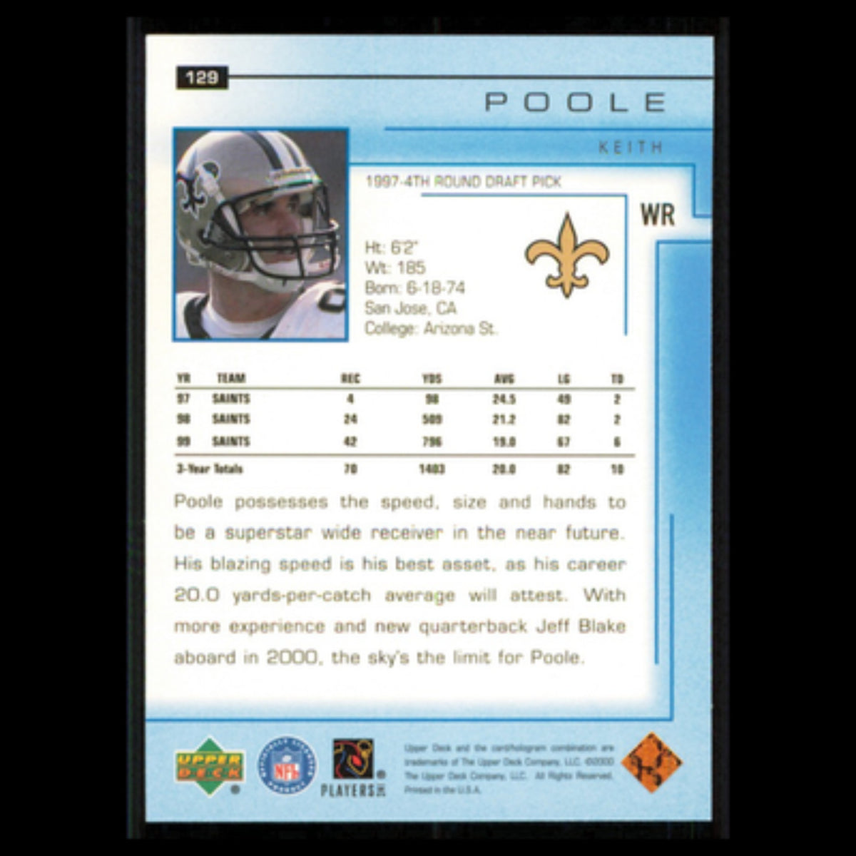 Keith Poole #129 2000 Upper Deck New Orleans Saints Football Card NFL NM