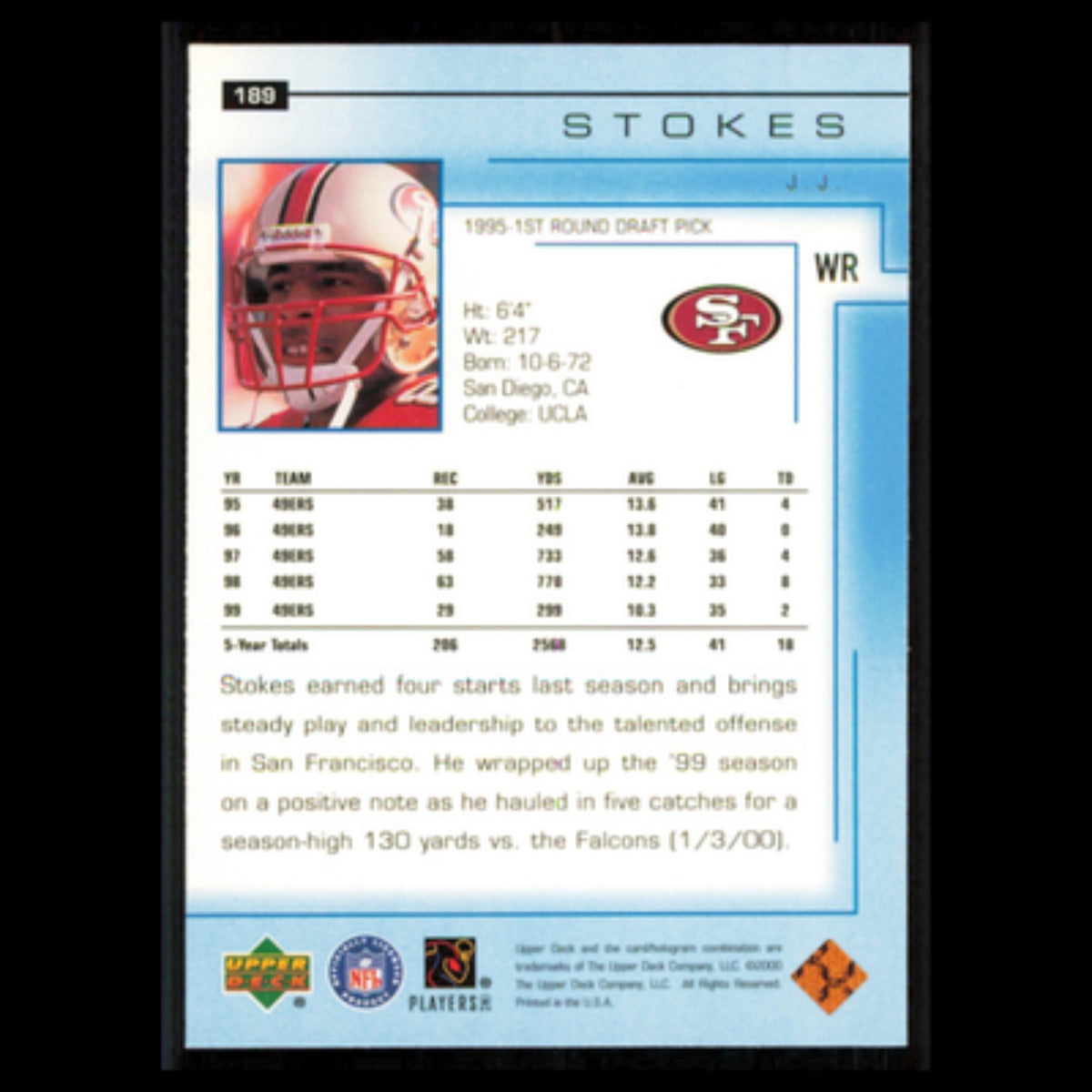 J.J. Stokes #189 2000 Upper Deck San Francisco 49ers Football Card NFL NM