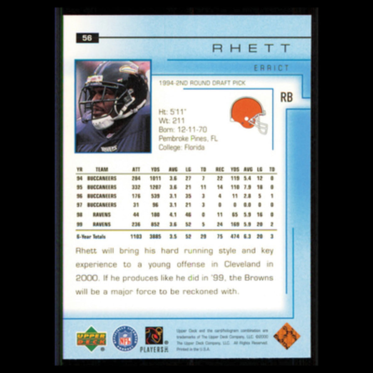 Errict Rhett #56 2000 Upper Deck Cleveland Browns Football Card NFL NM