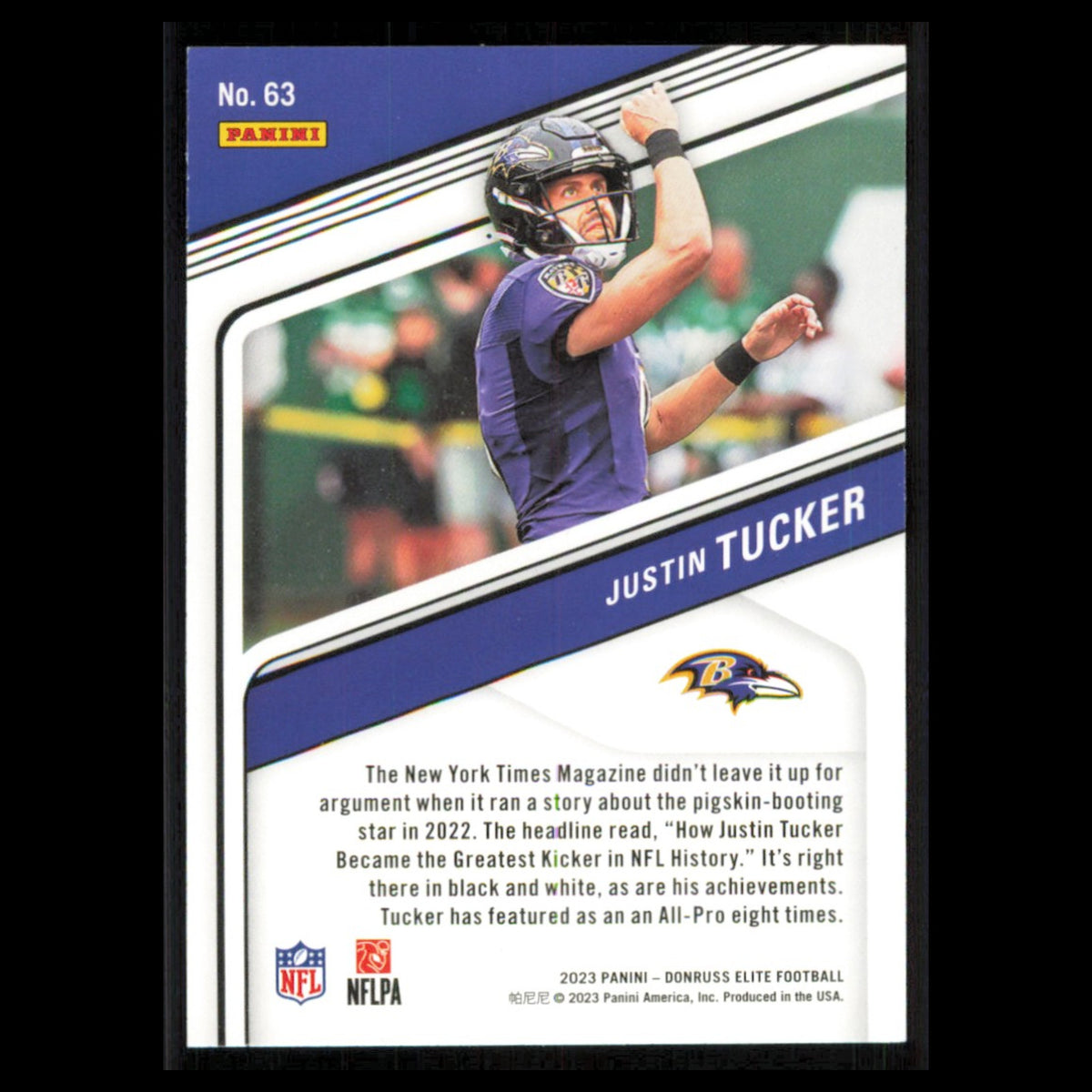 Justin Tucker #63 2023 Donruss Elite Baltimore Ravens Football Card NFL NM