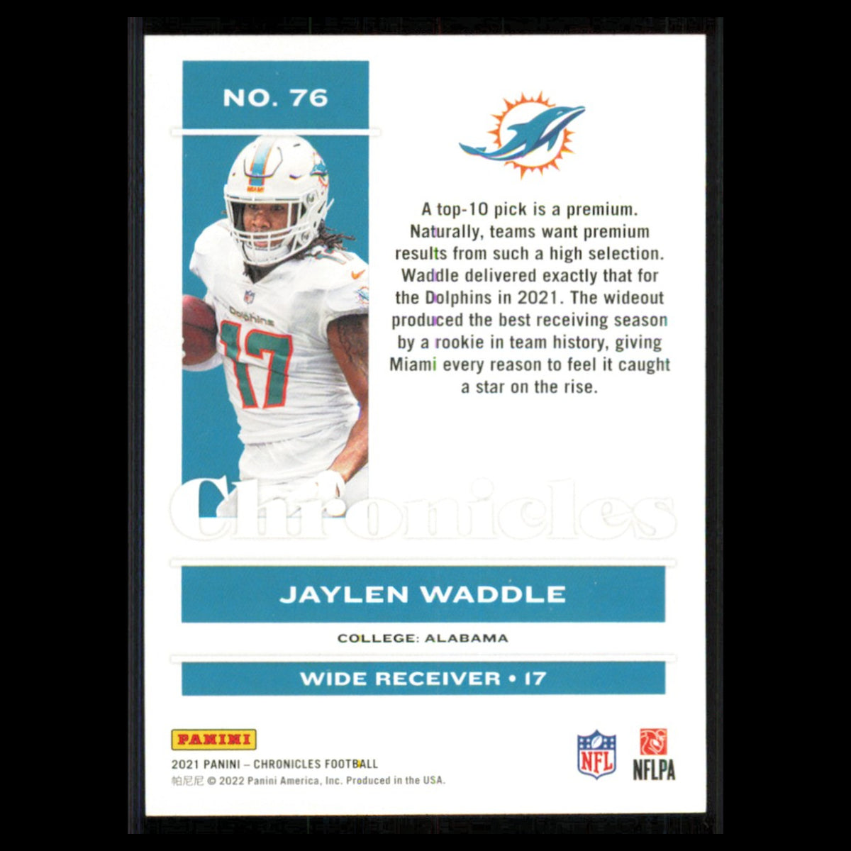 Jaylen Waddle Rookie #76 2021 Panini Chronicles Miami Dolphins Football Card NFL