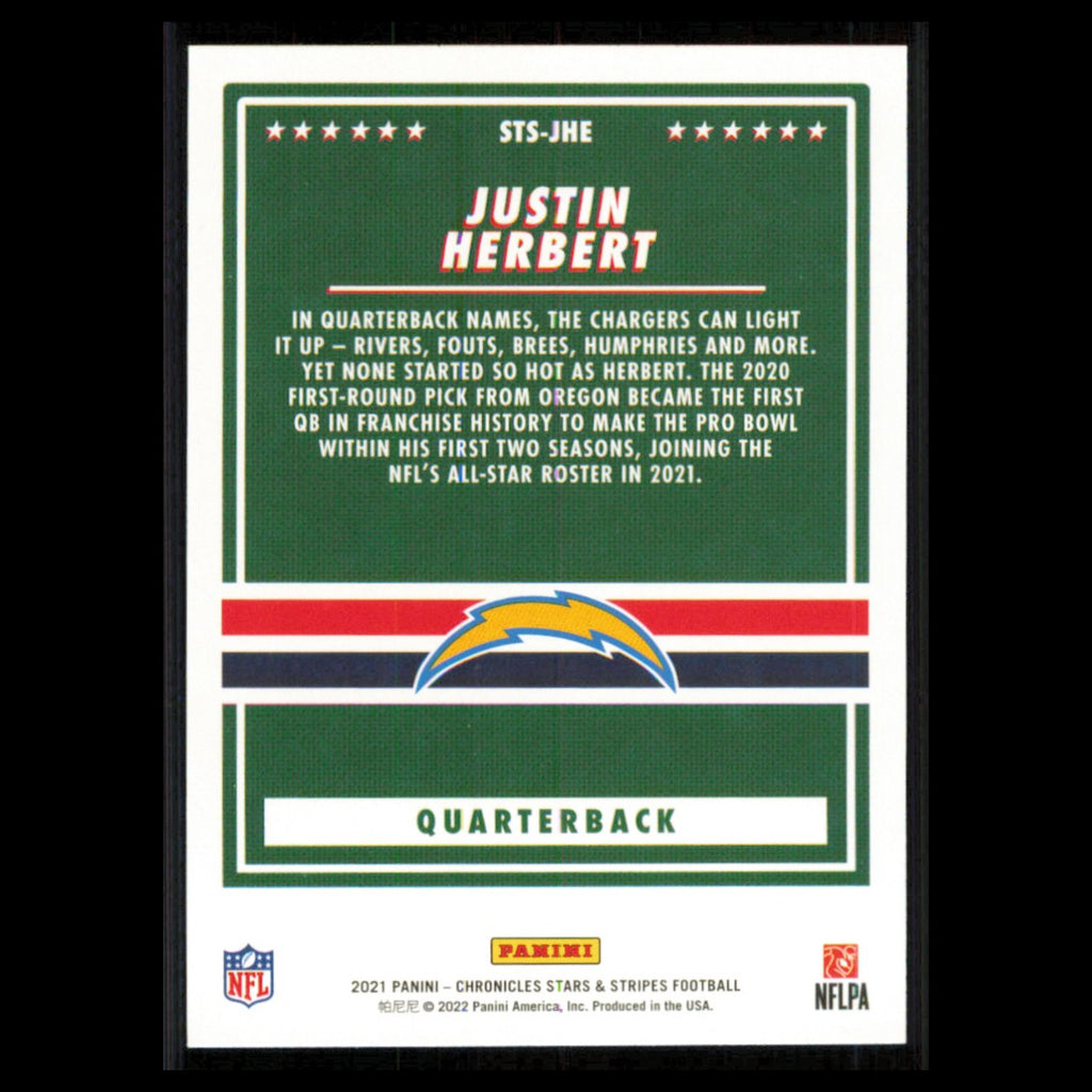 Justin Herbert #STS-JHE 2021 Panini Chronicles Stars and Stripes Chargers Card