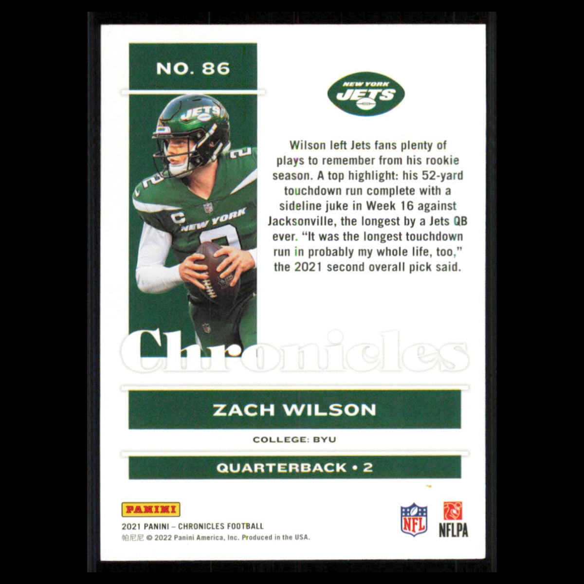 Zach Wilson Rookie #86 2021 Panini Chronicles New York Jets Football Card NFL NM