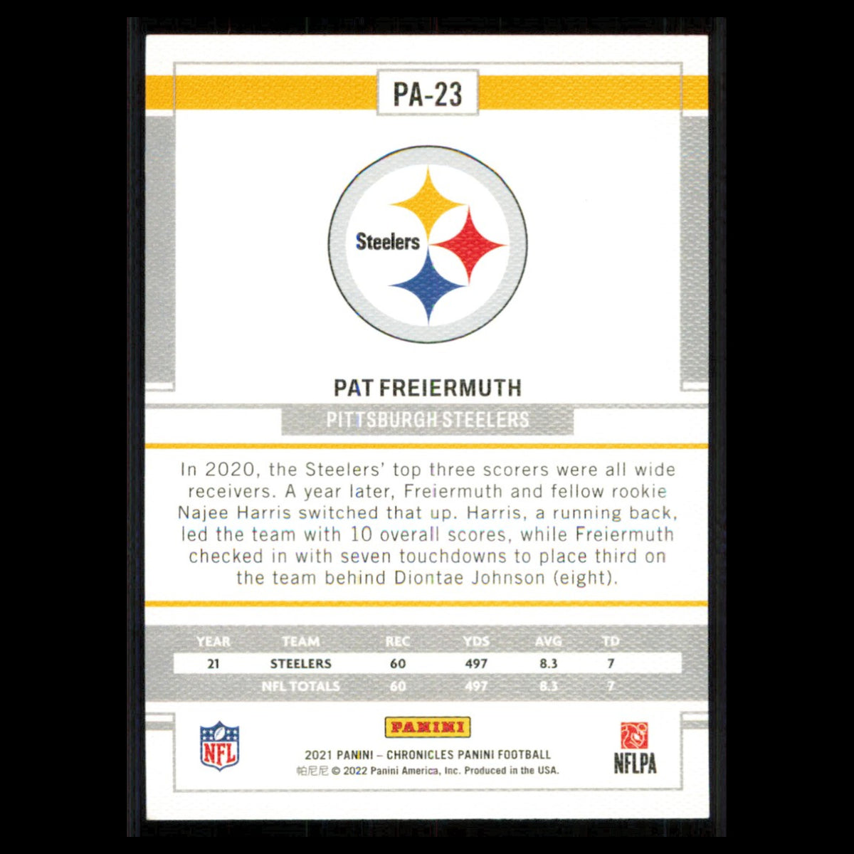 Pat Freiermuth Rookie #PA-23 2021 Panini Chronicles Pittsburgh Steelers Football