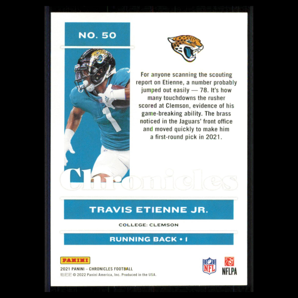 Travis Etienne Jr. Rookie #50 2021 Panini Chronicles Jacksonville Jaguars Card