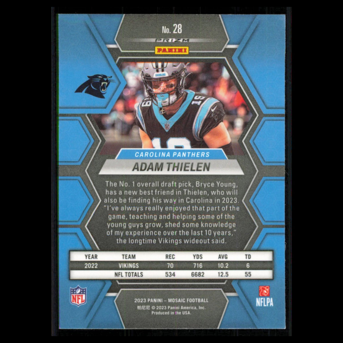 Adam Thielen #28 2023 Panini Mosaic Camo Pink Carolina Panthers Football Card NM