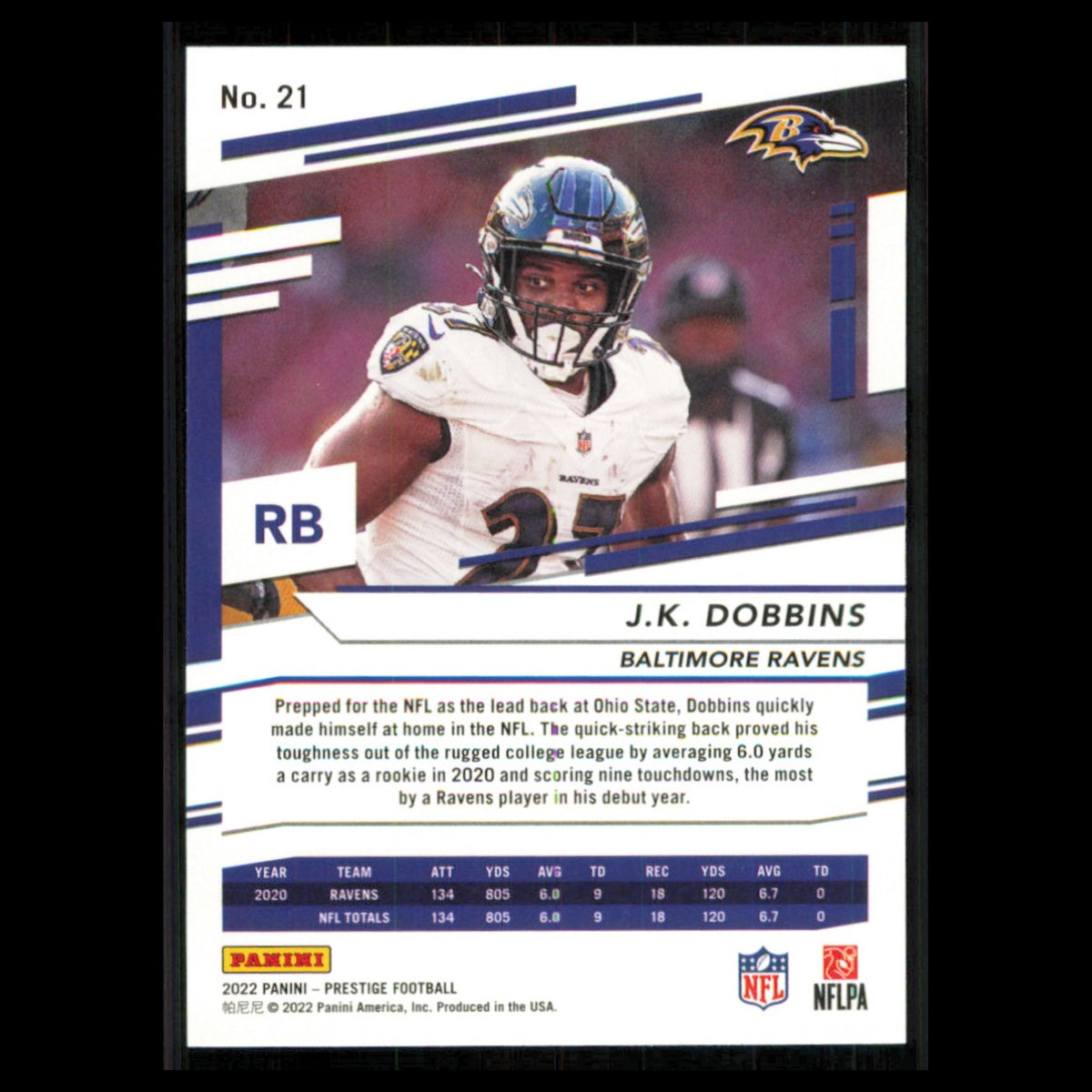 J.K. Dobbins #21 2022 Panini Prestige Baltimore Ravens Football Card NFL NM