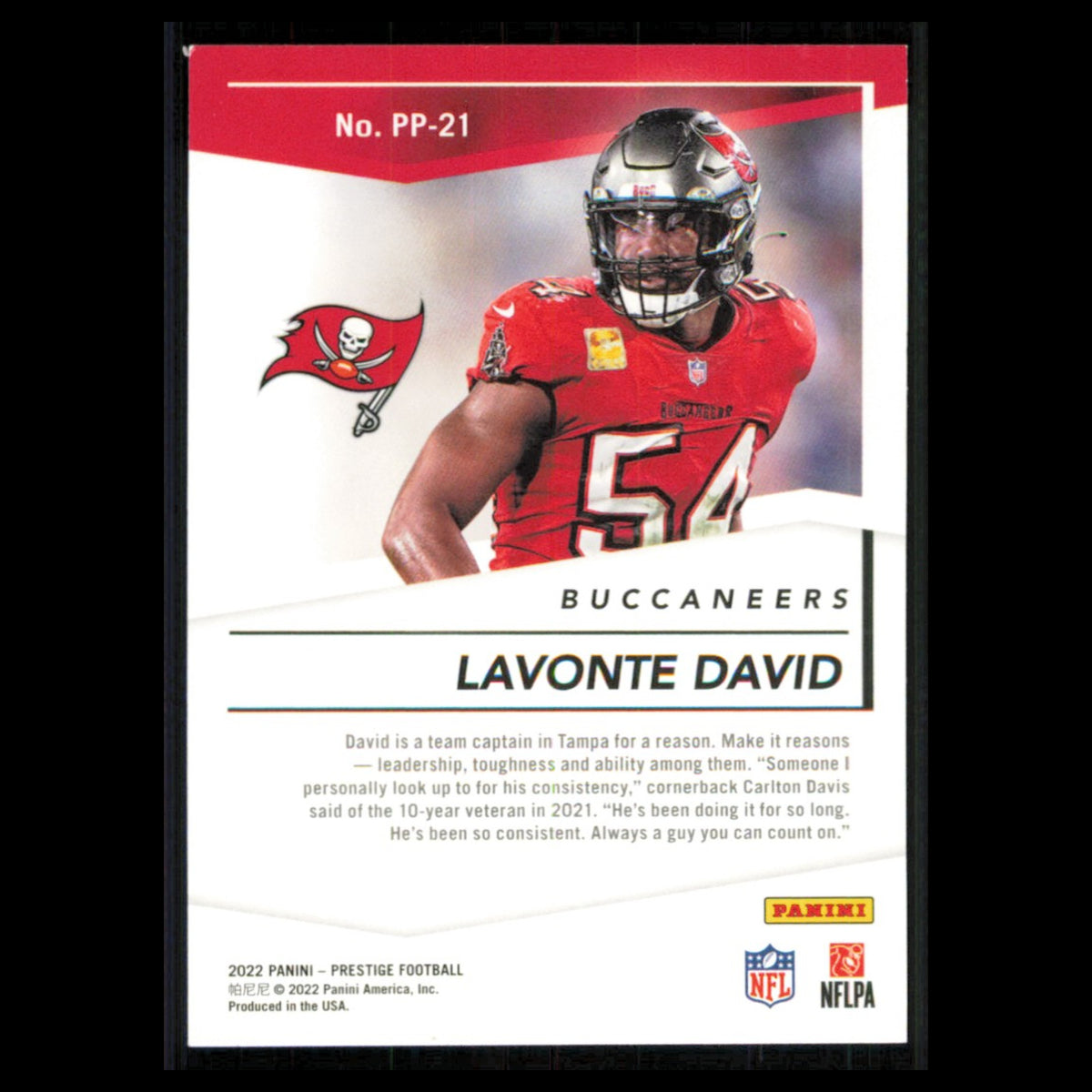 Lavonte David #PP-21 2022 Panini Prestige Prestigious Pros Tampa Bay Buccaneers