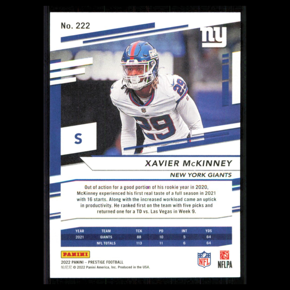 Xavier McKinney #222 2022 Panini Prestige New York Giants Football Card NFL NM