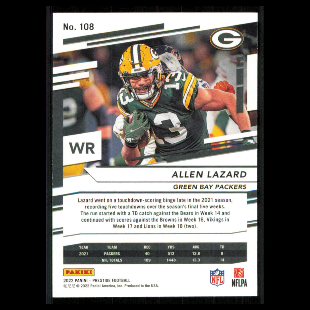 Allen Lazard #108 2022 Panini Prestige Green Bay Packers Football Card NFL NM