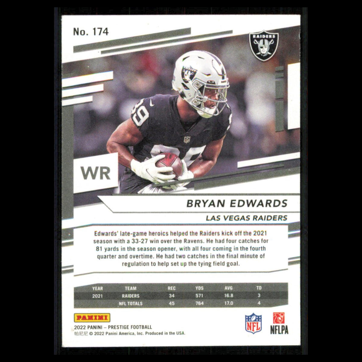 Bryan Edwards #174 2022 Panini Prestige Las Vegas Raiders Football Card NFL NM