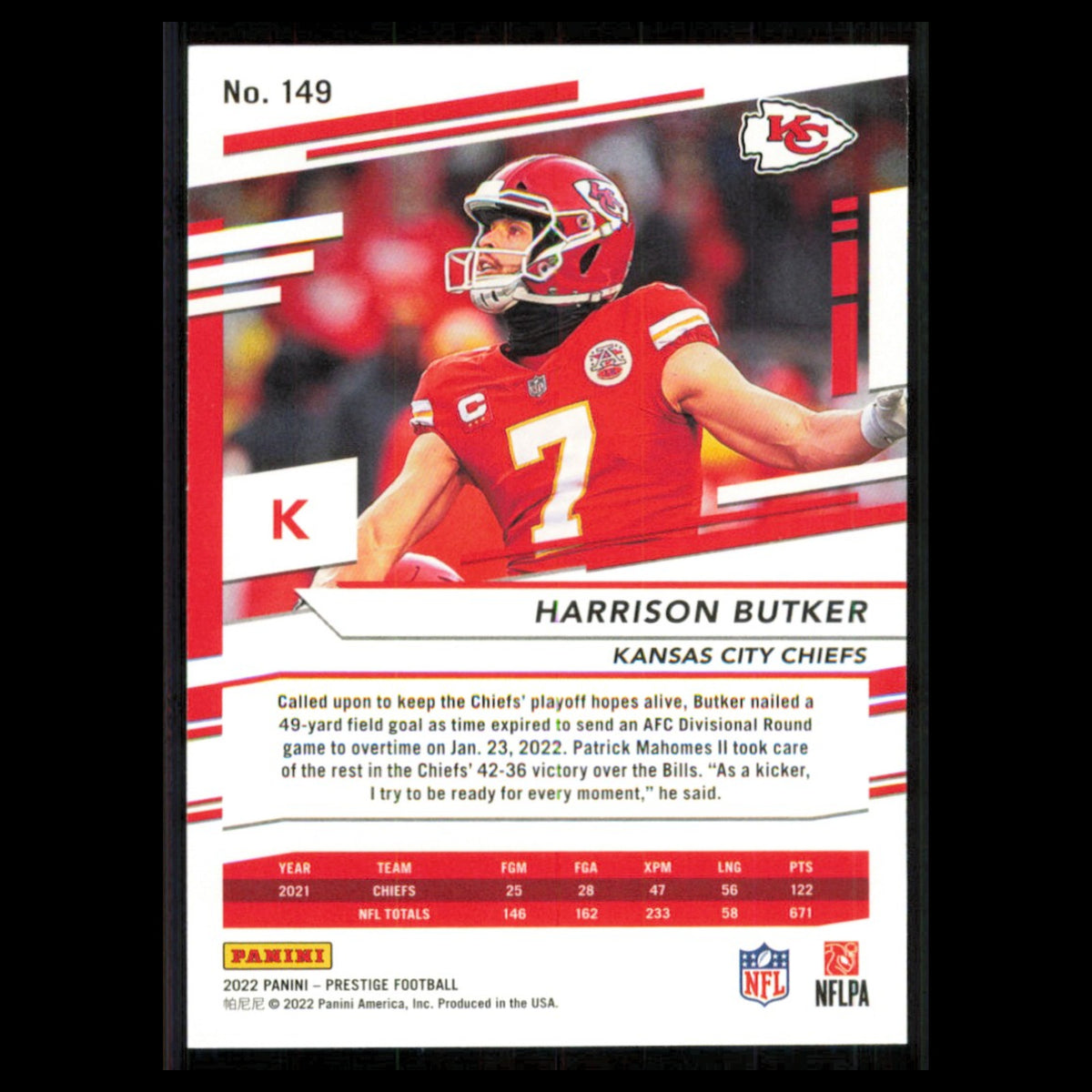 Harrison Butker #149 2022 Panini Prestige Kansas City Chiefs Football Card NFL