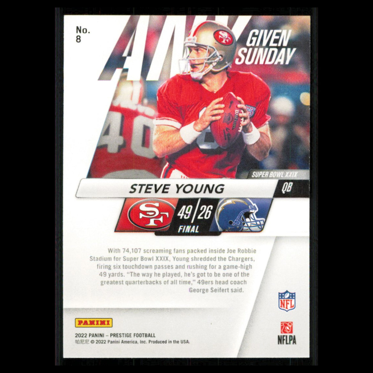 Steve Young #8 2022 Panini Prestige Any Given Sunday San Francisco 49ers Card NM