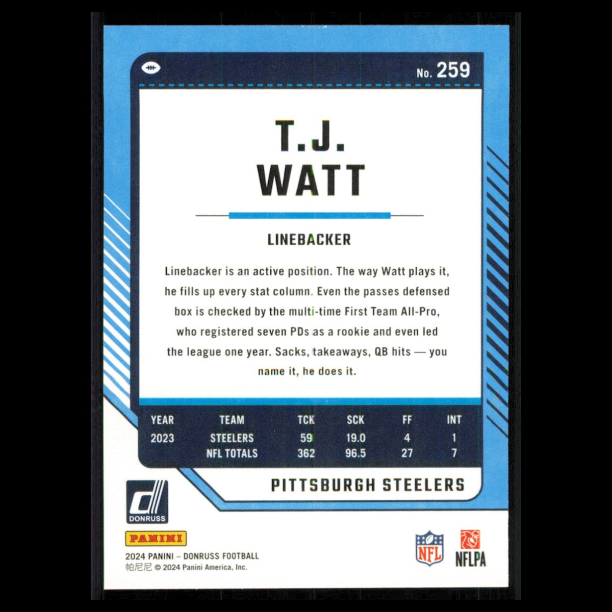 T.J. Watt #259 2024 Donruss Pittsburgh Steelers Football Card NFL NM