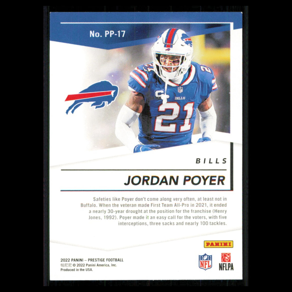 Jordan Poyer #PP-17 2022 Panini Prestige Prestigious Pros Buffalo Bills Football