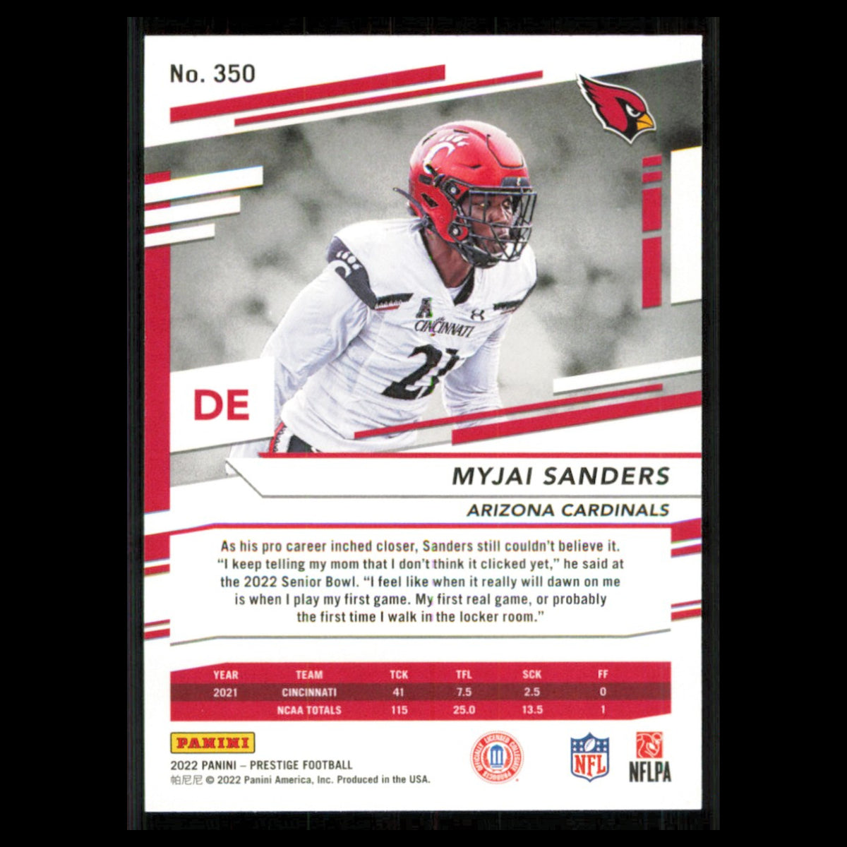 Myjai Sanders Rookie #350 2022 Panini Prestige Arizona Cardinals Football Card