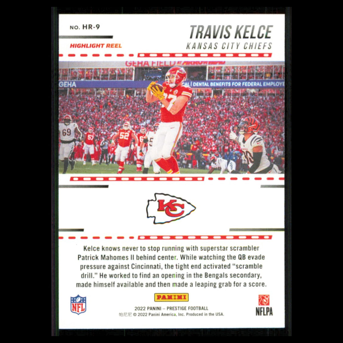 Travis Kelce #HR-9 2022 Panini Prestige Highlight Reel Kansas City Chiefs Card