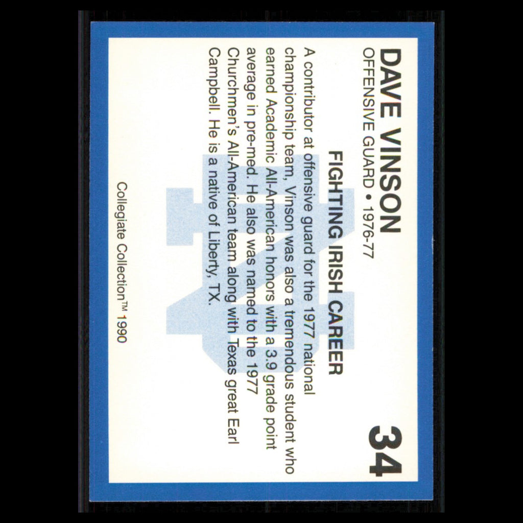 Dave Vinson #34 1990 Collegiate Collection Notre Dame Notre Dame Fighting Irish