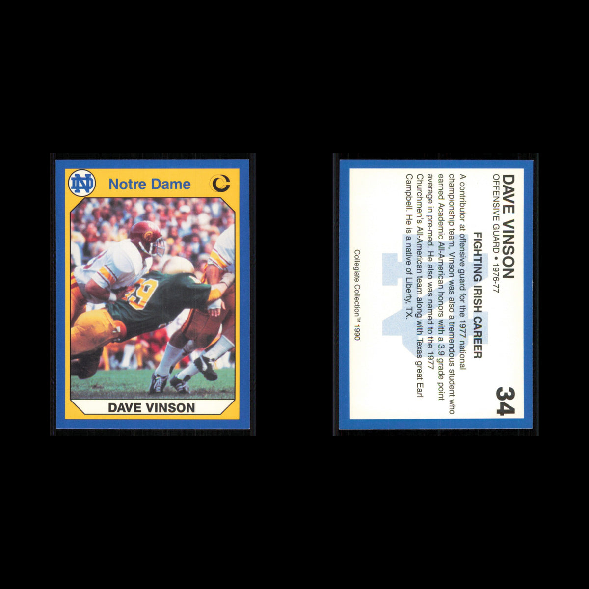Dave Vinson #34 1990 Collegiate Collection Notre Dame Notre Dame Fighting Irish