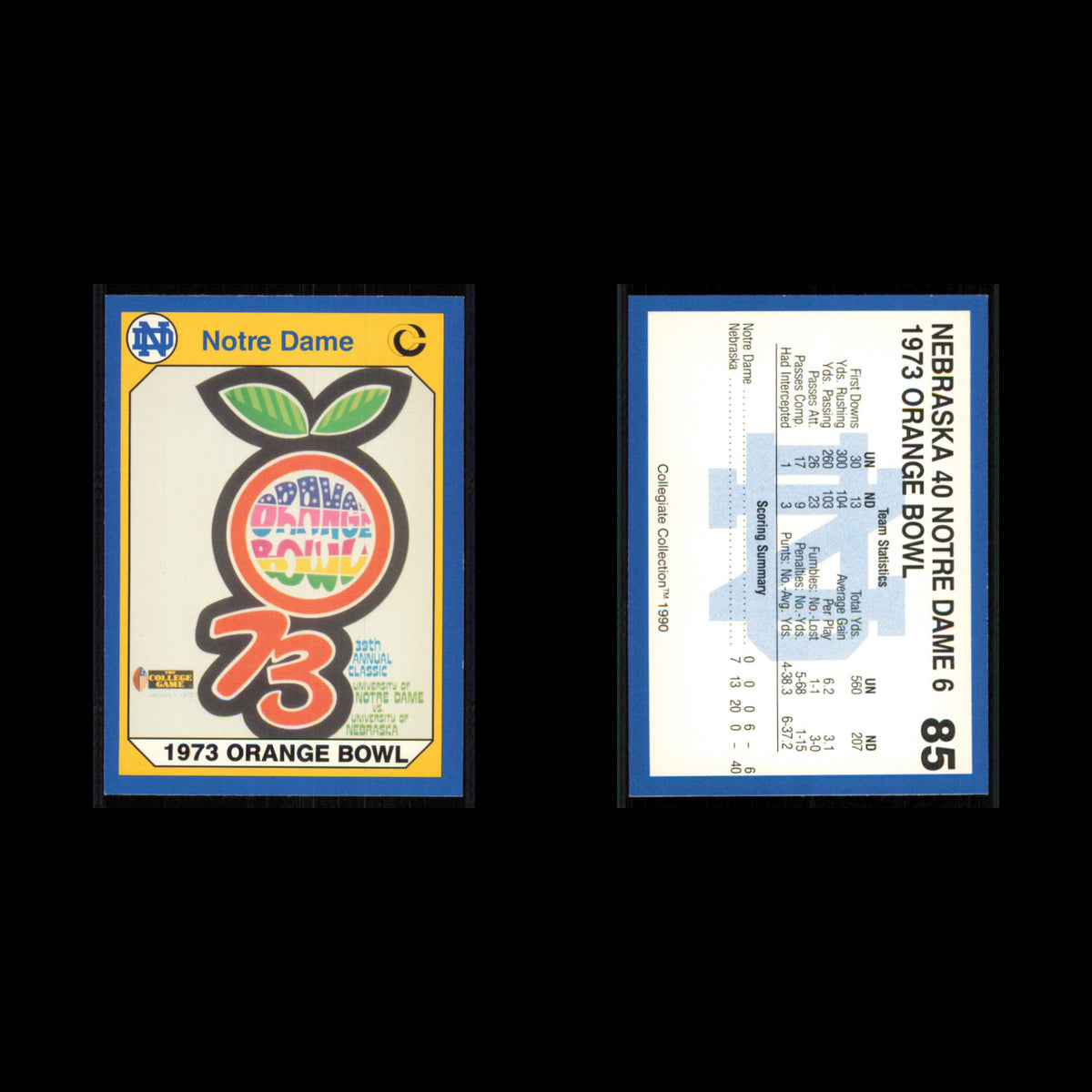 1973 Orange Bowl #85 1990 Collegiate Collection Notre Dame Football Card NFL NM