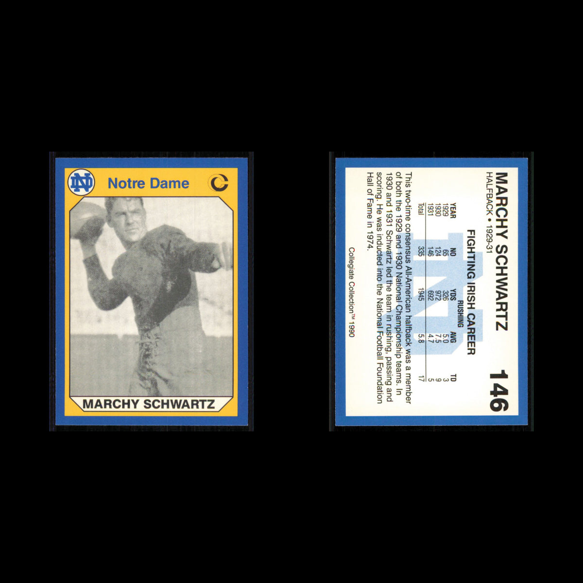 Marchy Schwartz #146 1990 Collegiate Collection Notre Dame Football Card NFL NM