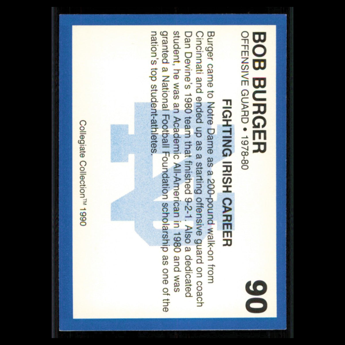 Bob Burger #90 1990 Collegiate Collection Notre Dame Notre Dame Fighting Irish