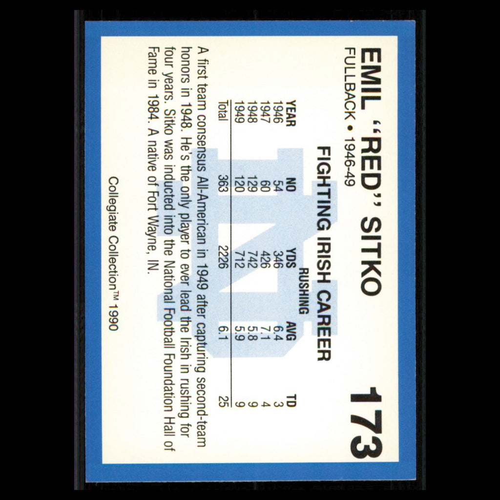 Emil Red Sitko #173 1990 Collegiate Collection Notre Dame Football Card NFL NM