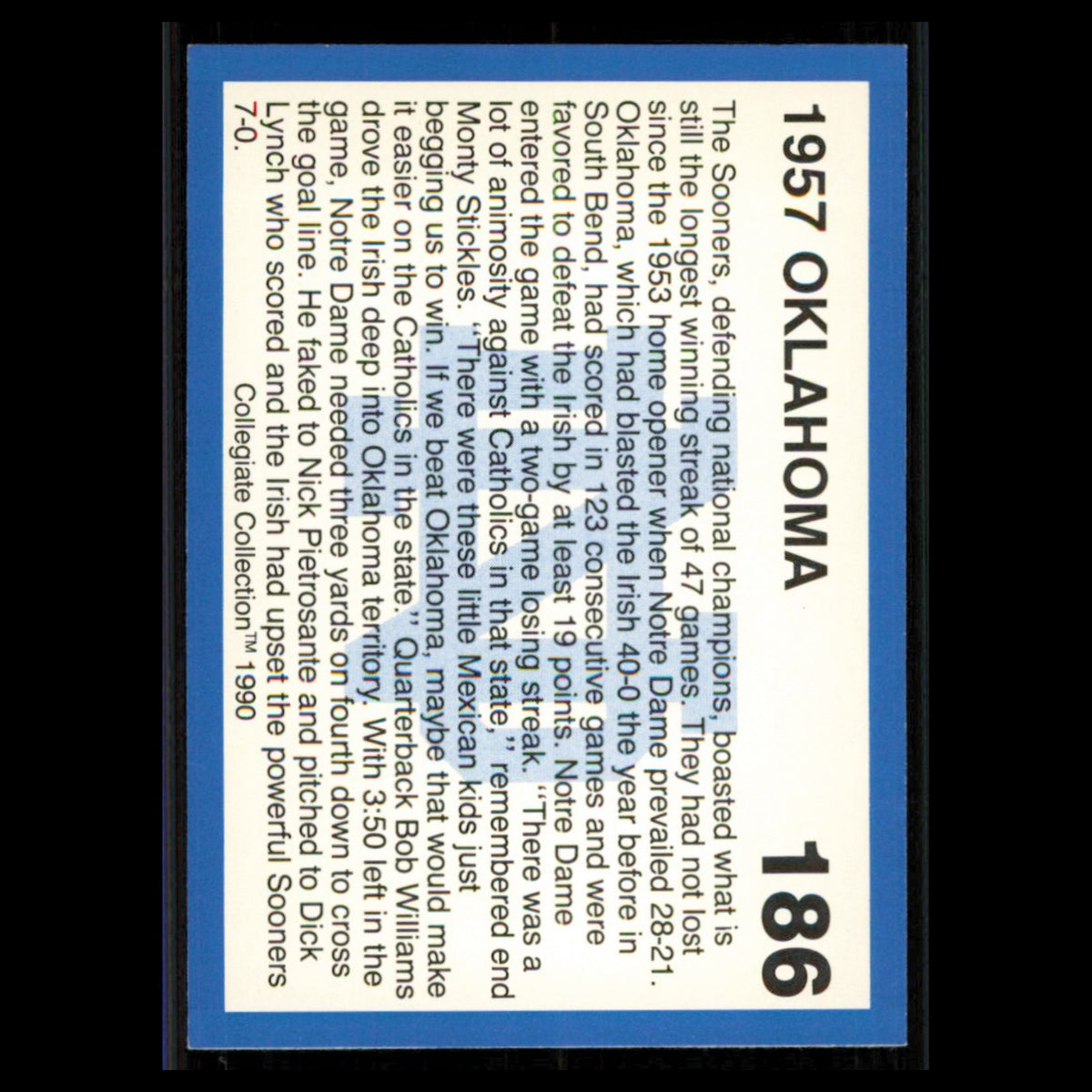 1957 Oklahoma #186 1990 Collegiate Collection Notre Dame Football Card NFL NM