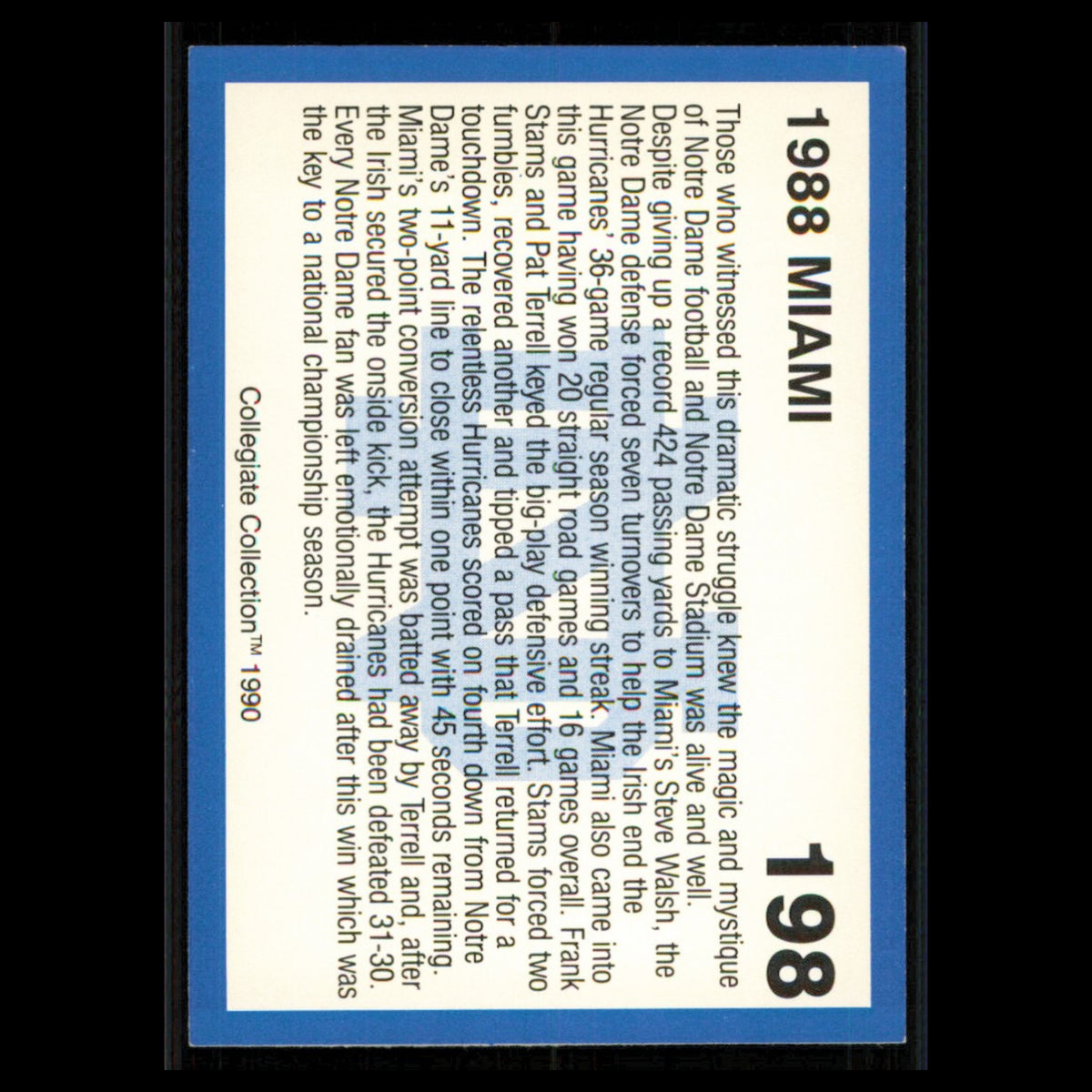1988 Miami #198 1990 Collegiate Collection Notre Dame Notre Dame Fighting Irish