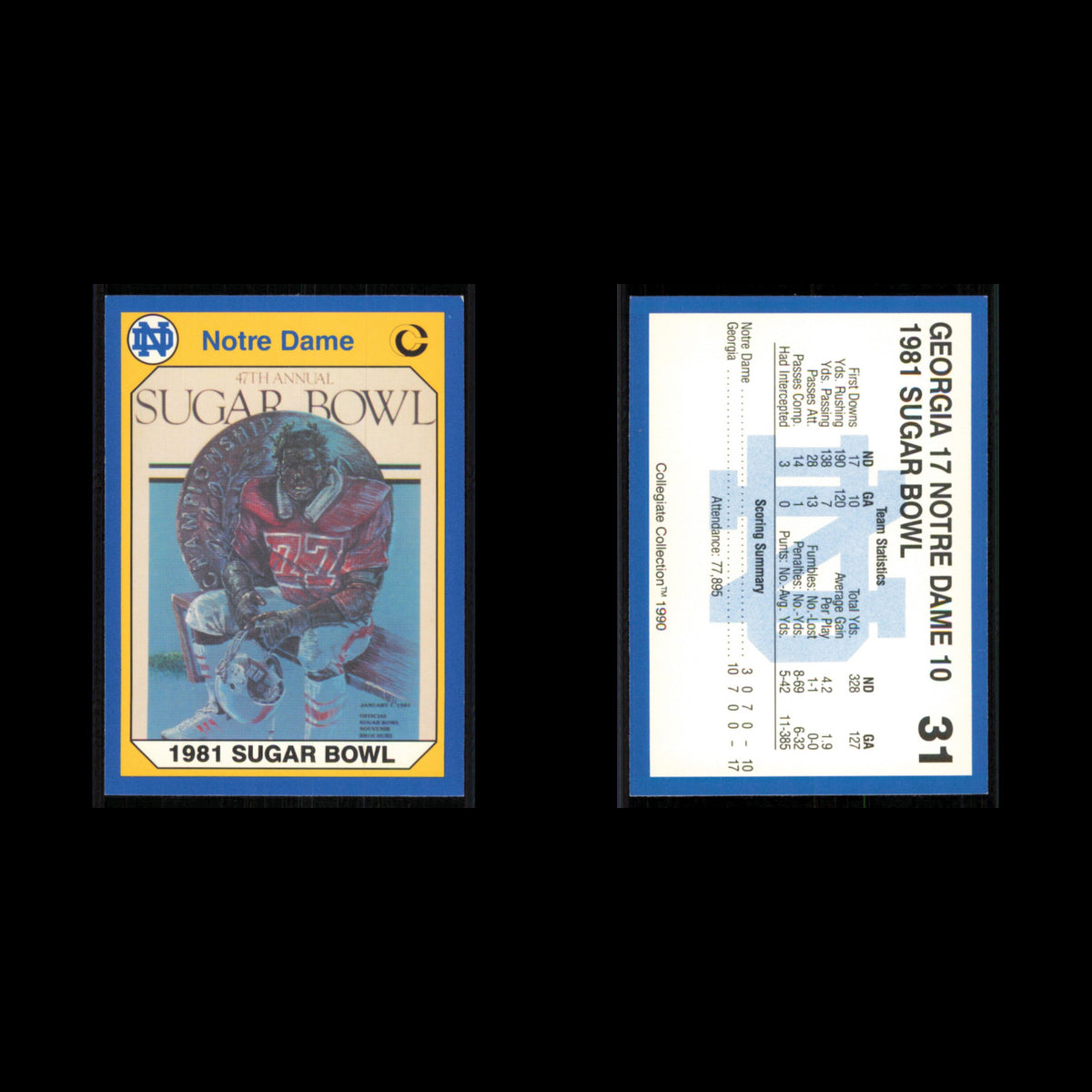1981 Sugar Bowl #31 1990 Collegiate Collection Notre Dame Football Card NFL NM