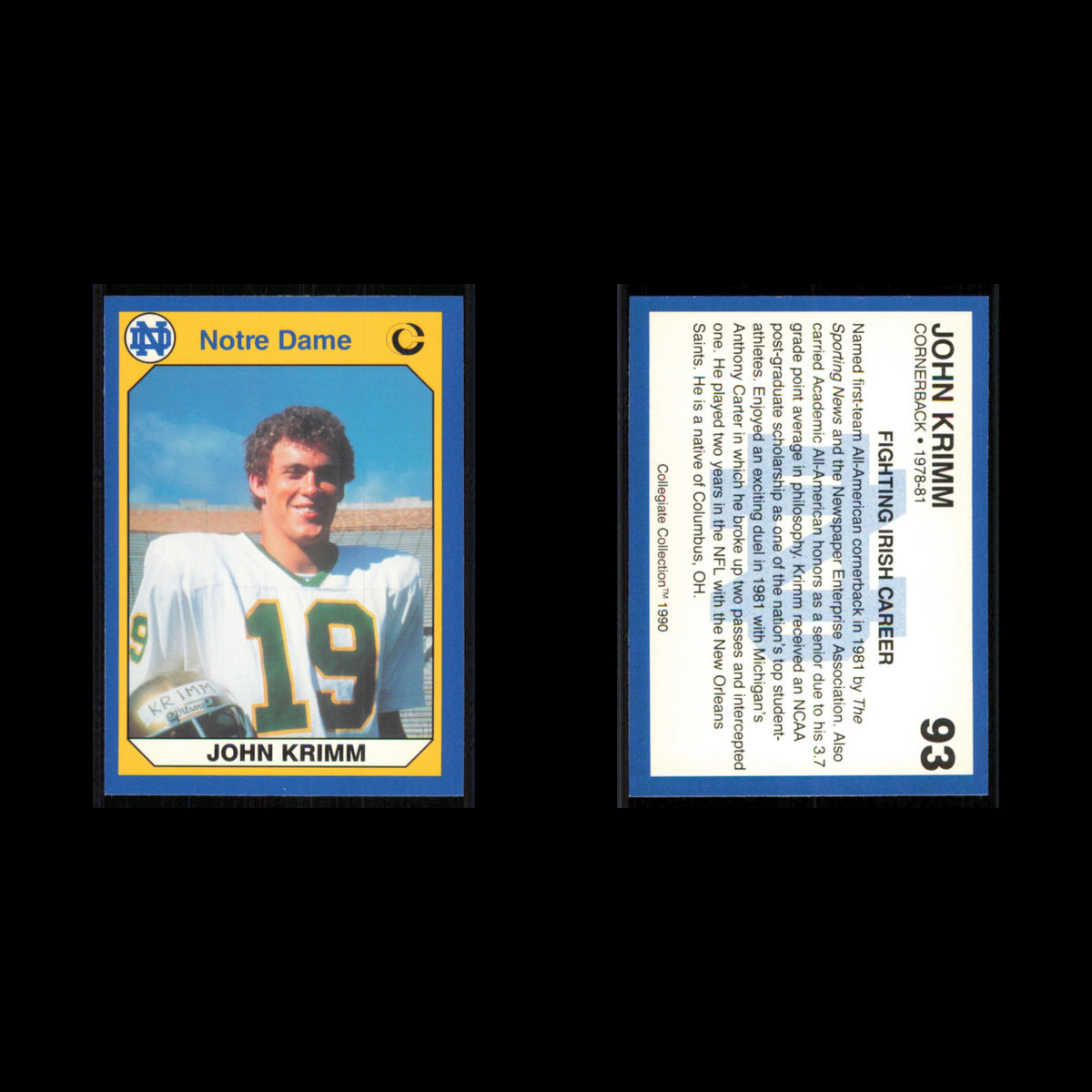 John Krimm #93 1990 Collegiate Collection Notre Dame Notre Dame Fighting Irish