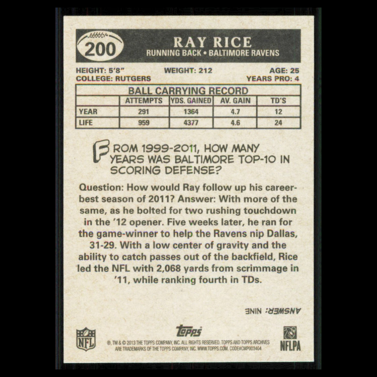 Ray Rice #200 2013 Topps Archives Baltimore Ravens Football Card NFL NM