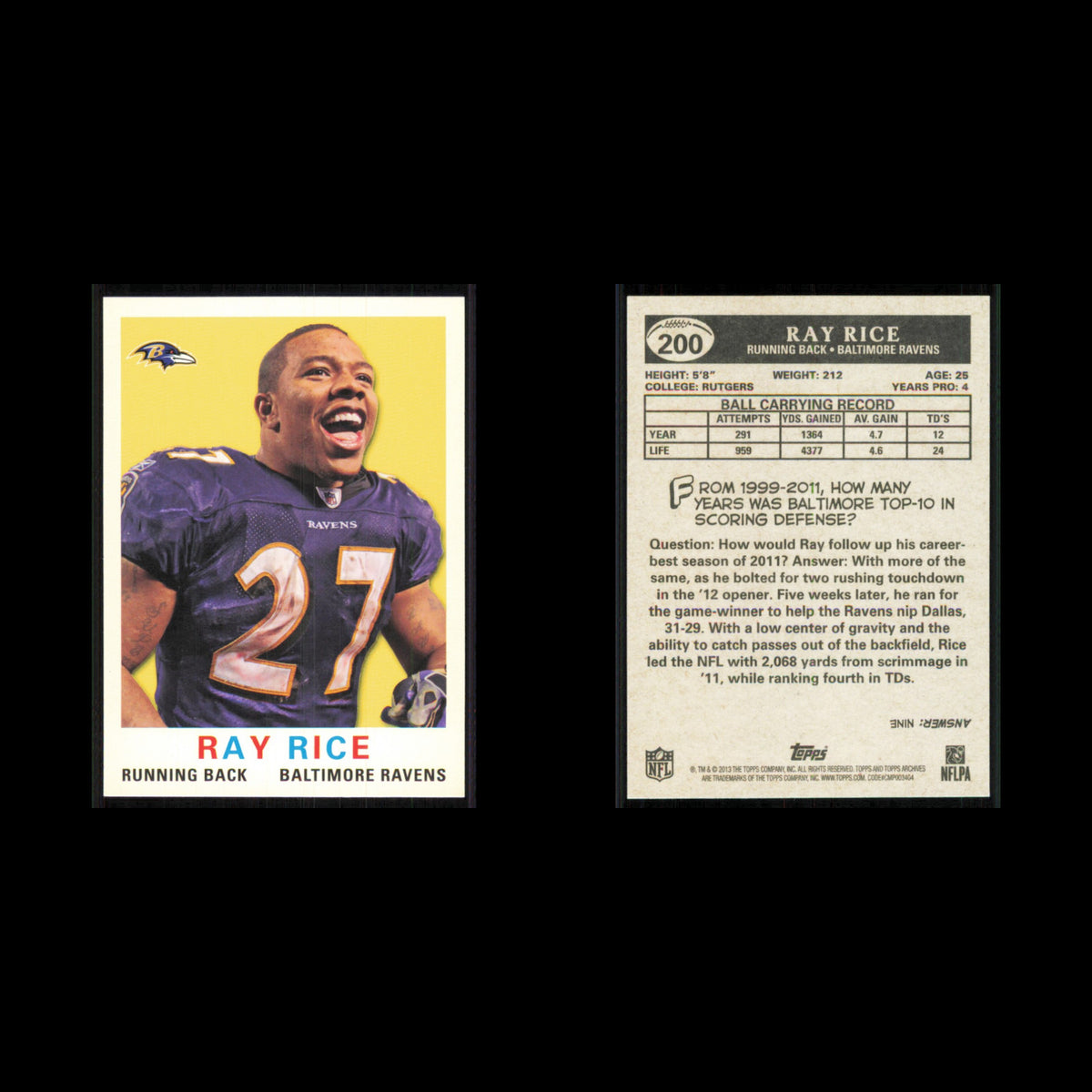 Ray Rice #200 2013 Topps Archives Baltimore Ravens Football Card NFL NM