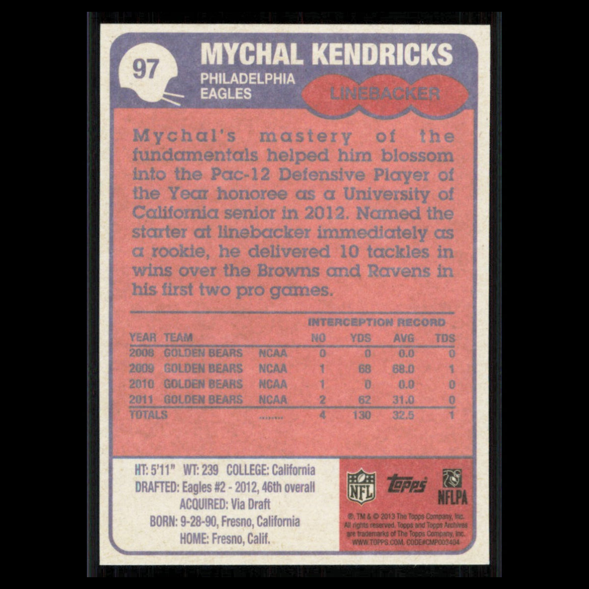 Mychal Kendricks #97 2013 Topps Archives Philadelphia Eagles Football Card NFL