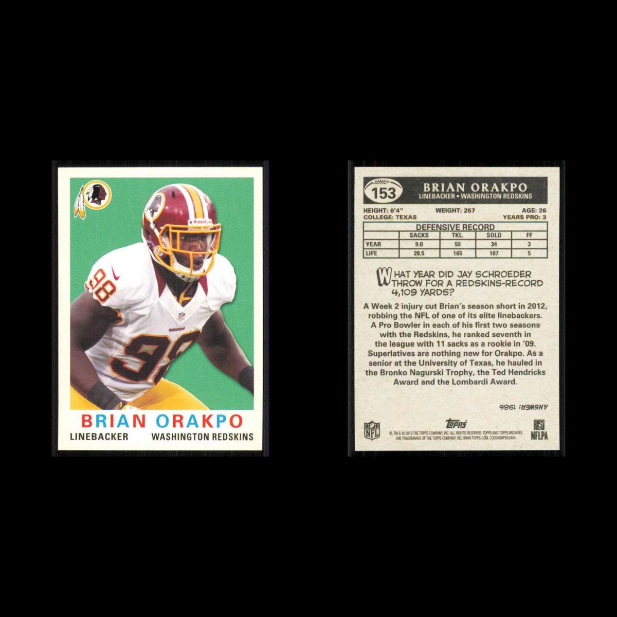 Brian Orakpo #153 2013 Topps Archives Washington Redskins Football Card NFL NM