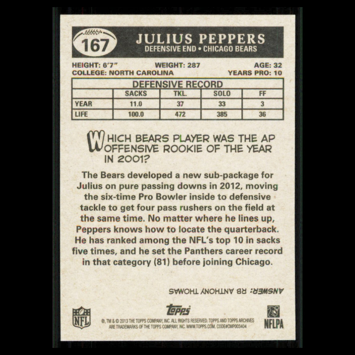 Julius Peppers #167 2013 Topps Archives Chicago Bears Football Card NFL NM
