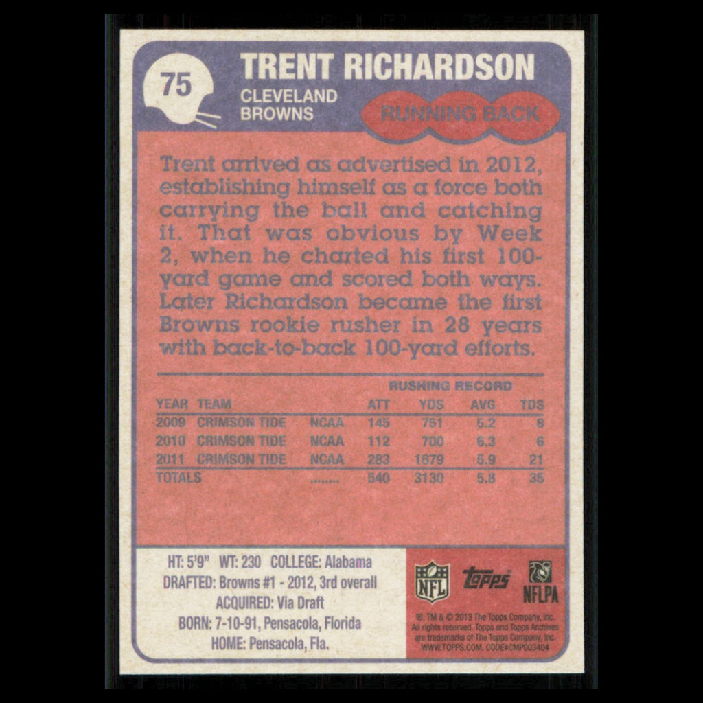 Trent Richardson Rookie #75 2013 Topps Archives Cleveland Browns Football Card
