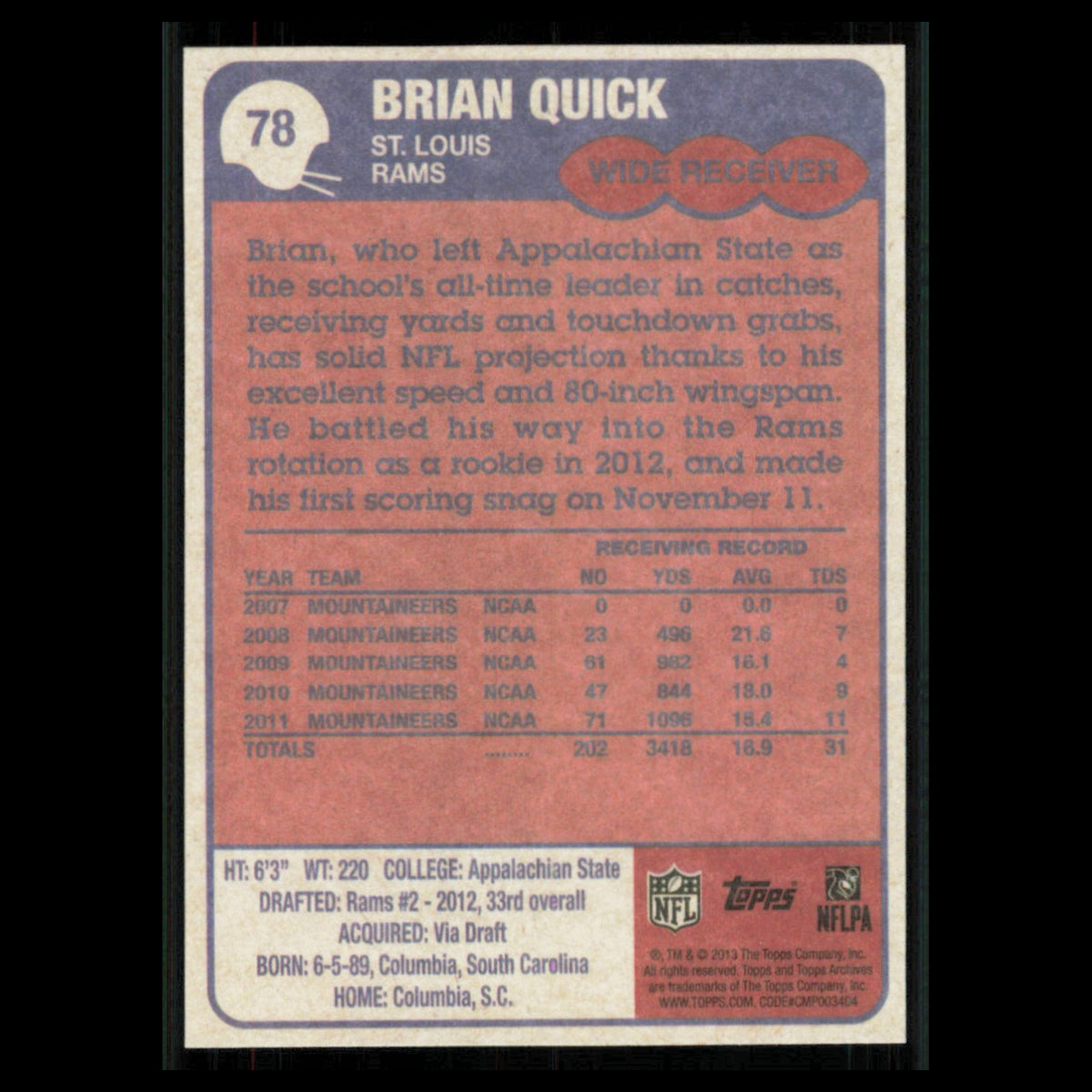 Brian Quick #78 2013 Topps Archives St. Louis Rams Football Card NFL NM