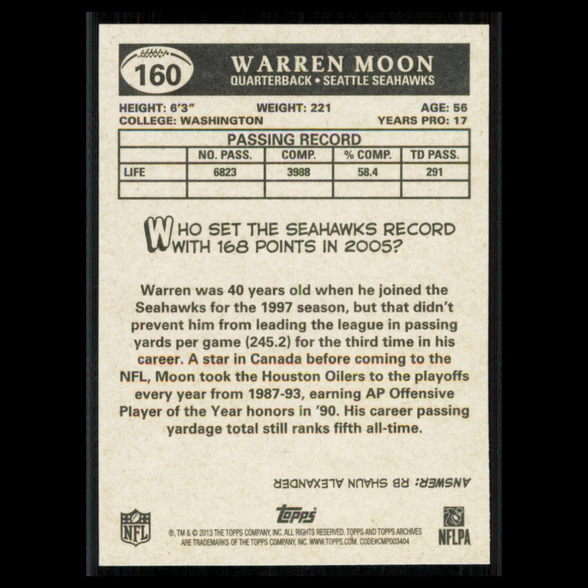 Warren Moon #160 2013 Topps Archives Seattle Seahawks Football Card NFL NM