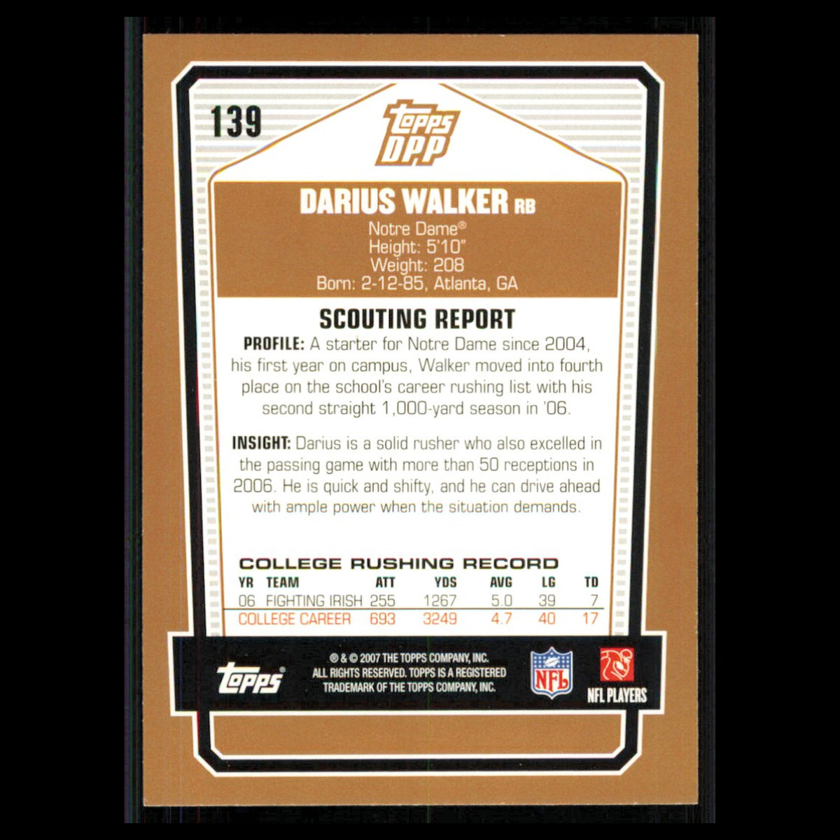 Darius Walker Rookie #139 2007 Topps Draft Picks - Prospects Football Card NFL