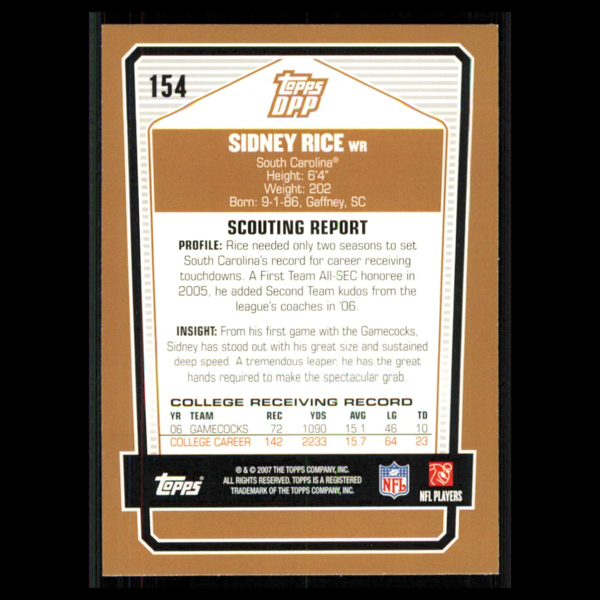 Sidney Rice Rookie #154 2007 Topps Draft Picks - Prospects Football Card NFL NM