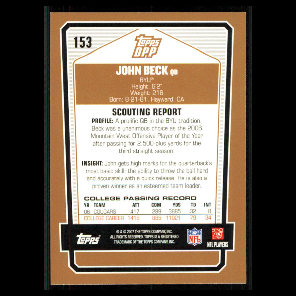 John Beck Rookie #153 2007 Topps Draft Picks - Prospects BYU Cougars Football NM
