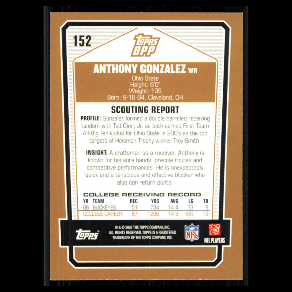 Anthony Gonzalez Rookie #152 2007 Topps Draft Picks - Prospects Football Card NM