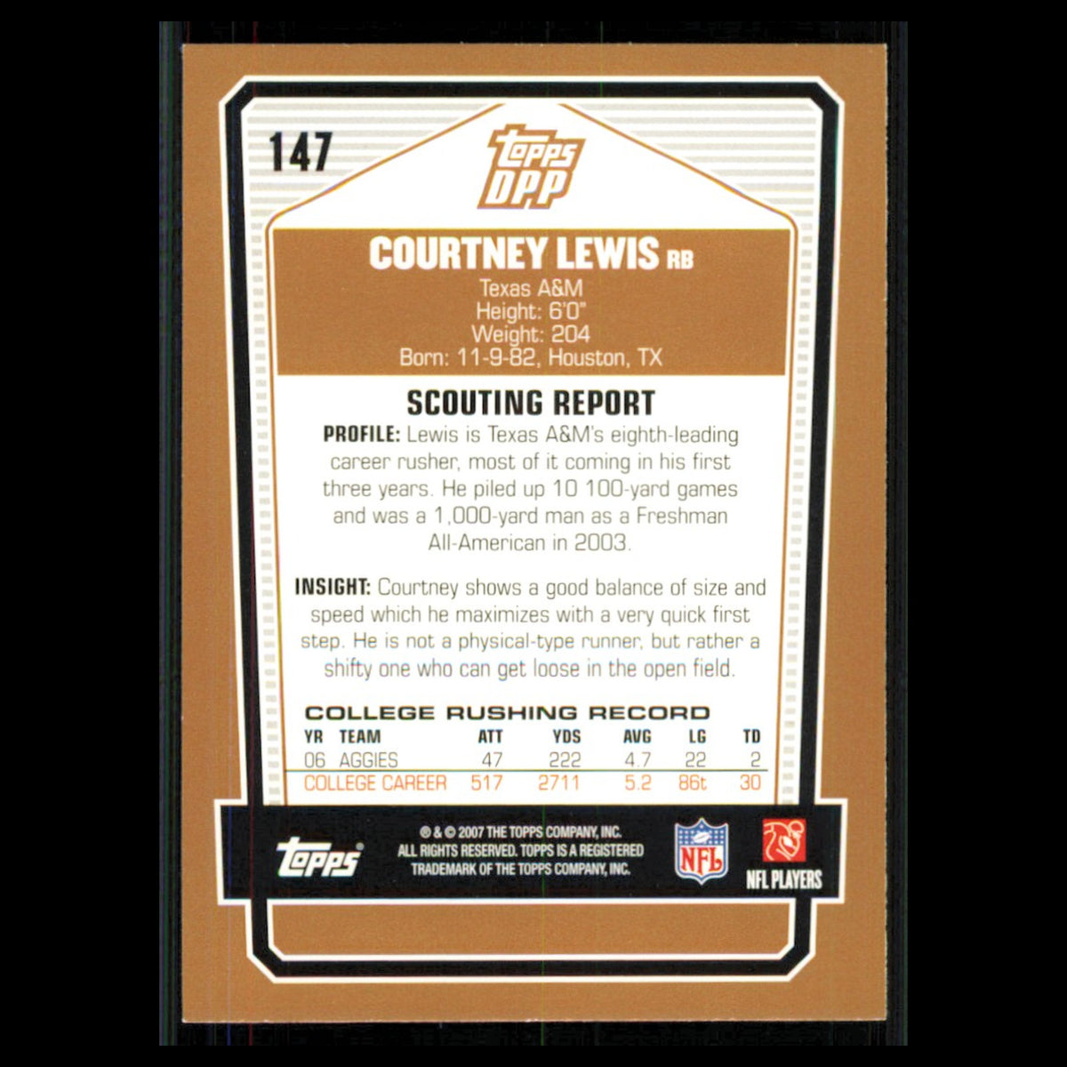 Courtney Lewis Rookie #147 2007 Topps Draft Picks - Prospects Texas A-M Aggies