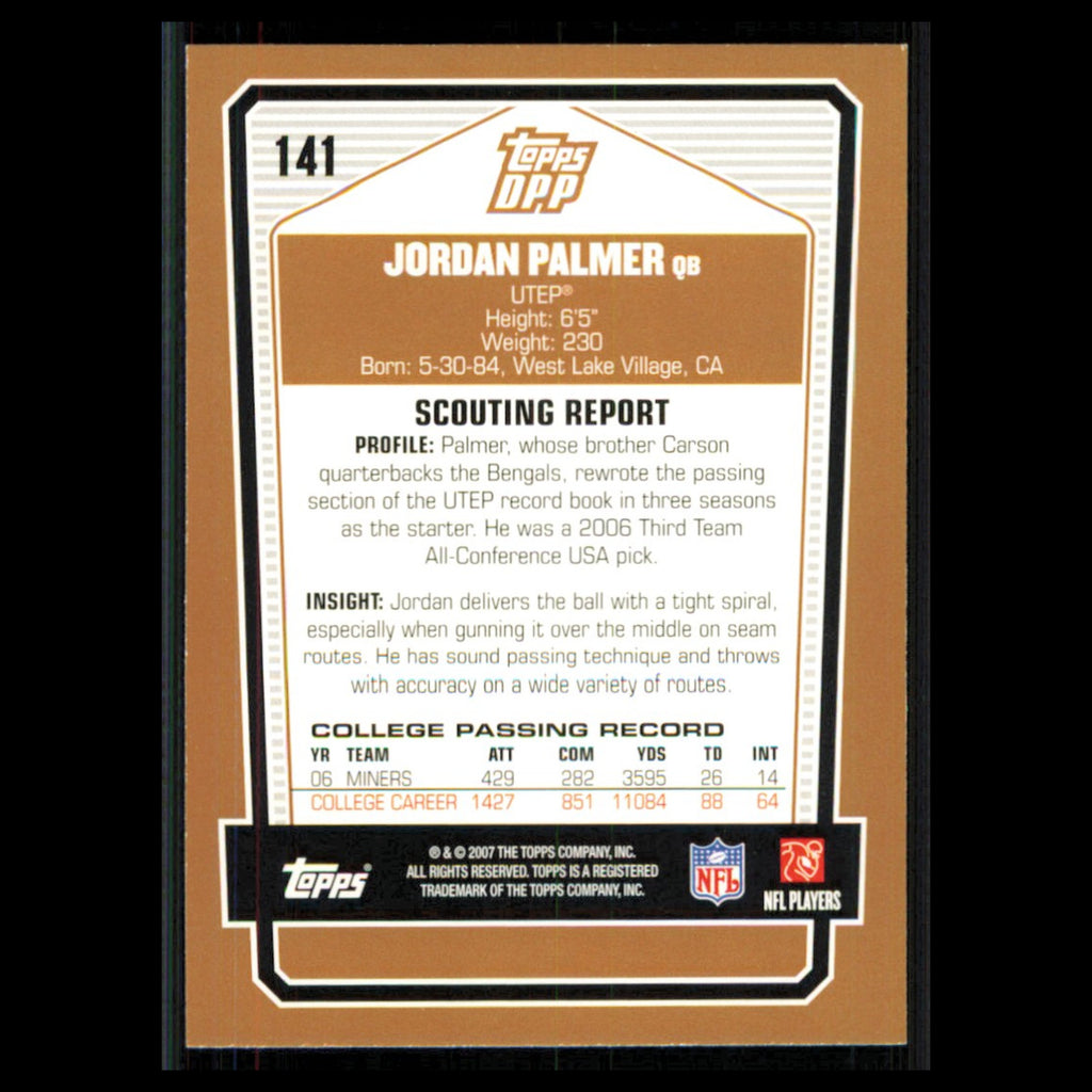 Jordan Palmer Rookie #141 2007 Topps Draft Picks - Prospects UTEP Miners Card NM