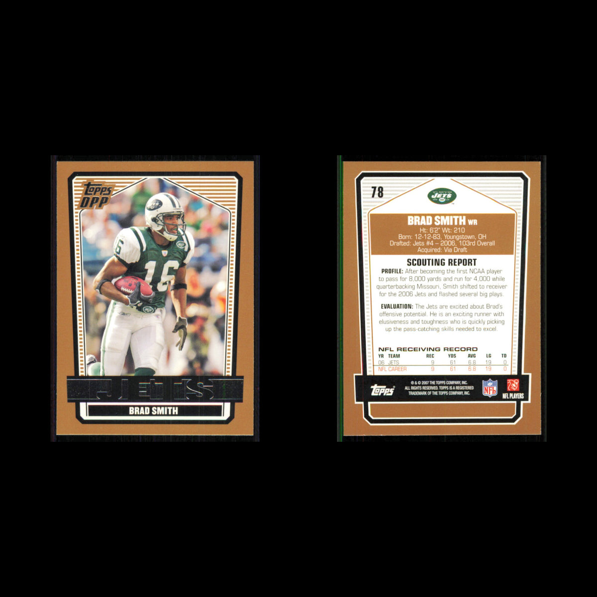Brad Smith #78 2007 Topps Draft Picks - Prospects New York Jets Football Card NM